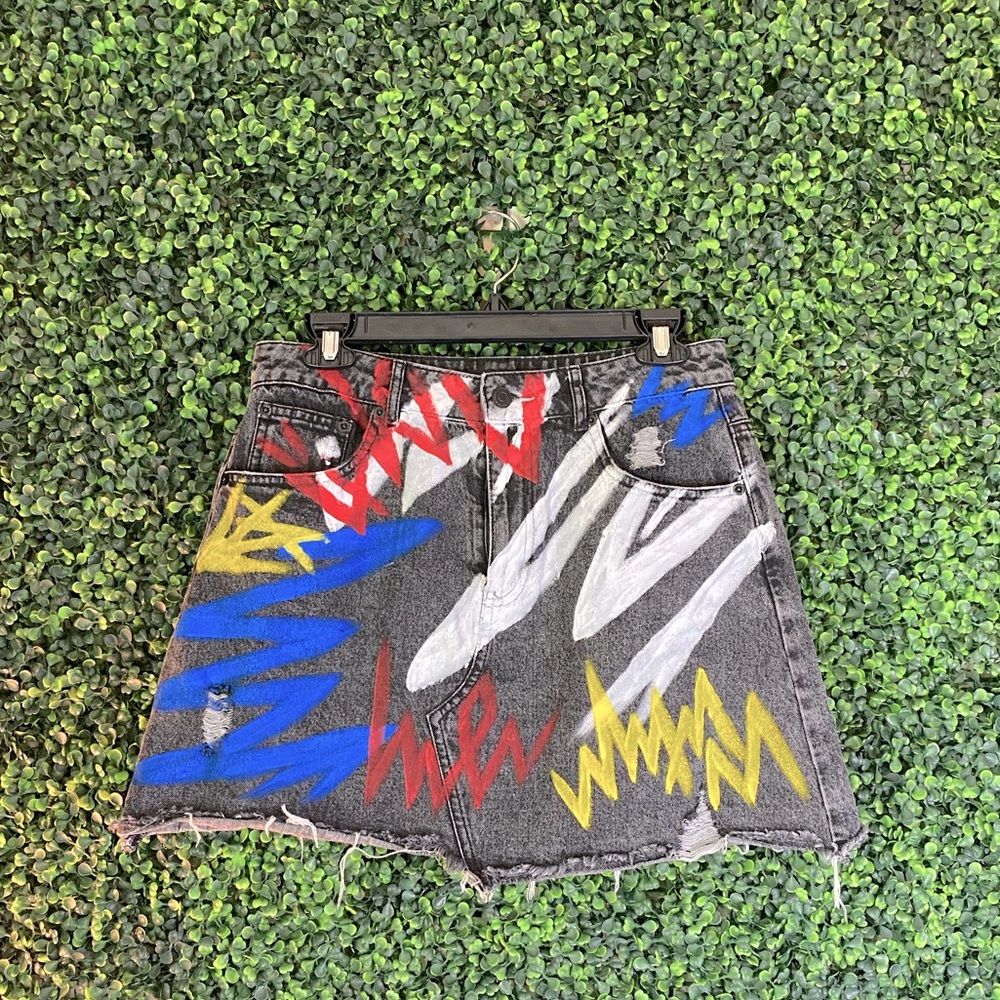 Hand Painted Black Mini Denim Skirt